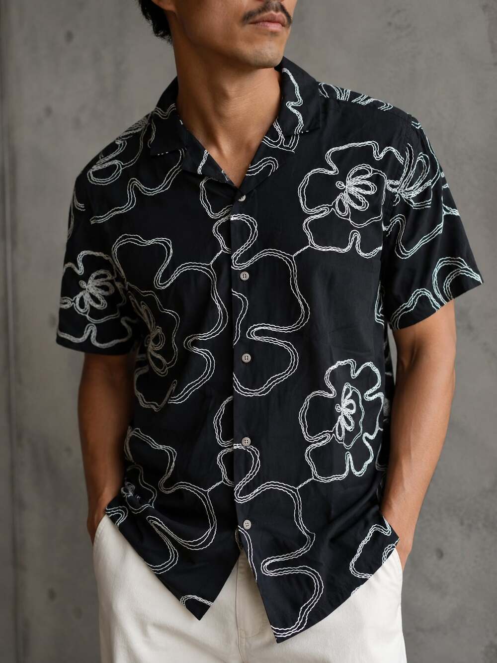 V.I.P. Collection Men's Black Short Sleeve Embroidered Floral Camp Collar Button